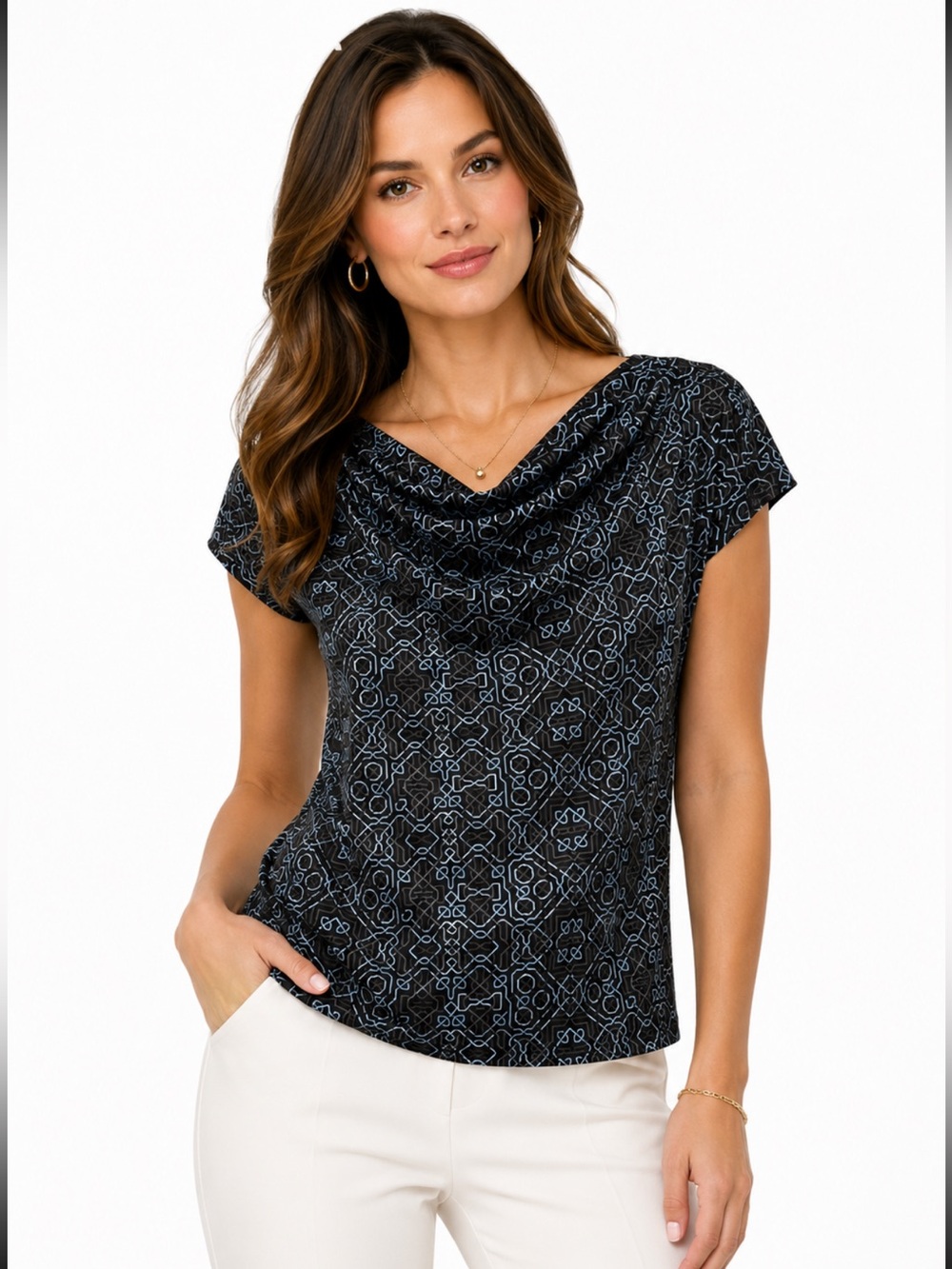 A Line Black Geometric Cowl Neck Top Size S